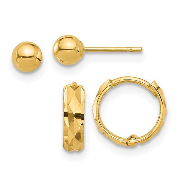 Kazi Luxury 14k Yellow Gold Polished 4mm Ball and Diamond Cut Hoop Set